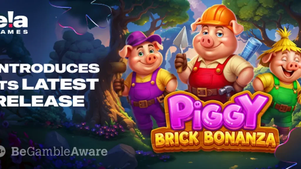 Interface do jogo de slot Piggy Brick Bonanza com temática de porquinhos e construção