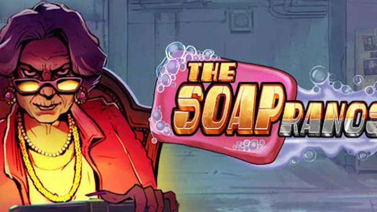 Cena atmosférica do jogo de slot Soapranos com luzes neon e elementos de crime
