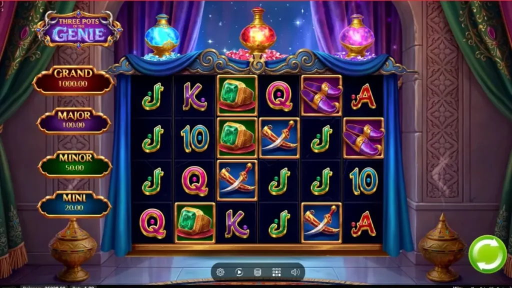 Interface do slot Three Pots of the Genie com potes brilhantes e gemas