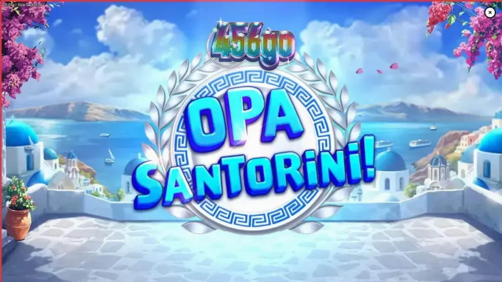 Cenário ensolarado e vibrante do slot Opa Santorini com elementos gregos.